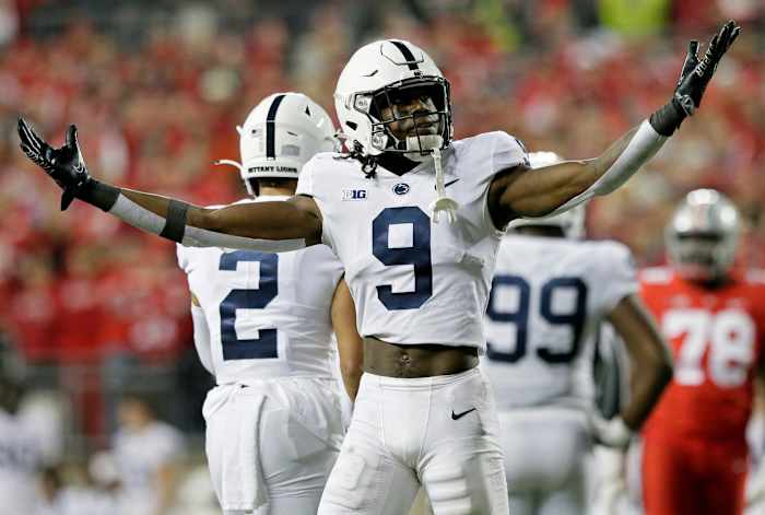 Penn State Nittany Lions cornerback Joey Porter Jr. (9) questions a call during Saturday's NCAA Division I football game against the Ohio State Buckeyes at Ohio Stadium in Columbus on October 30, 2021.